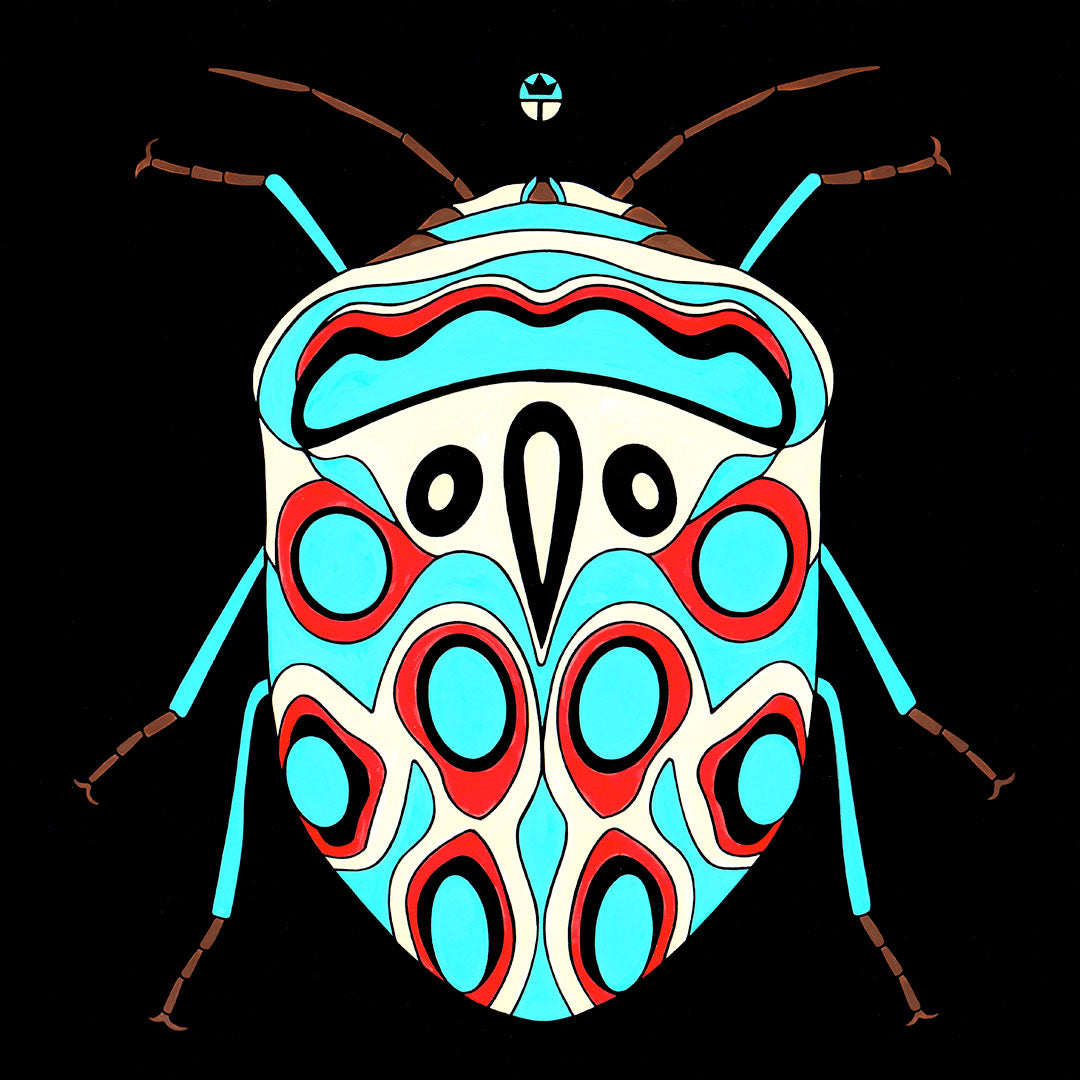 Painting of a harlequin bug. Bright aqua and red pattern. Painted by Tucson artist Wil Taylor.