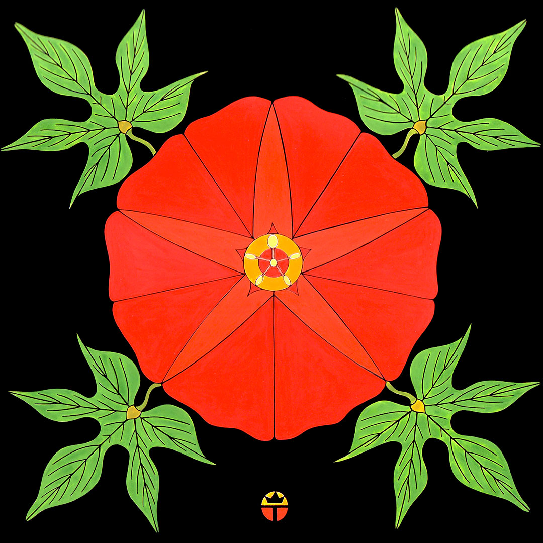 morning glory flower in mandala style art print. by wil taylor. 12 inches x 12 inches. red flower with green leaves