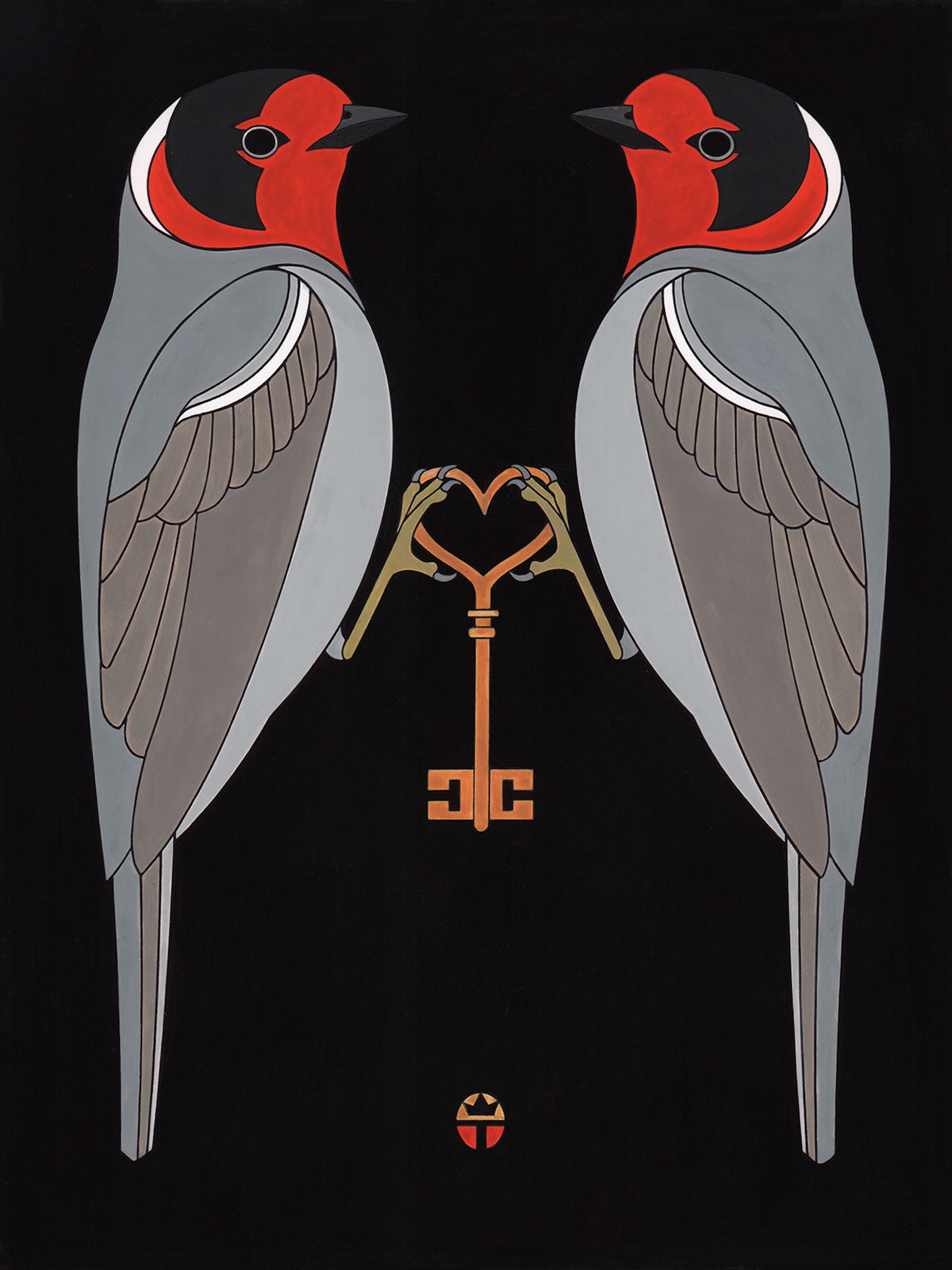two red faced warbler birds facing each other holding a key. original painting and print by wil taylor