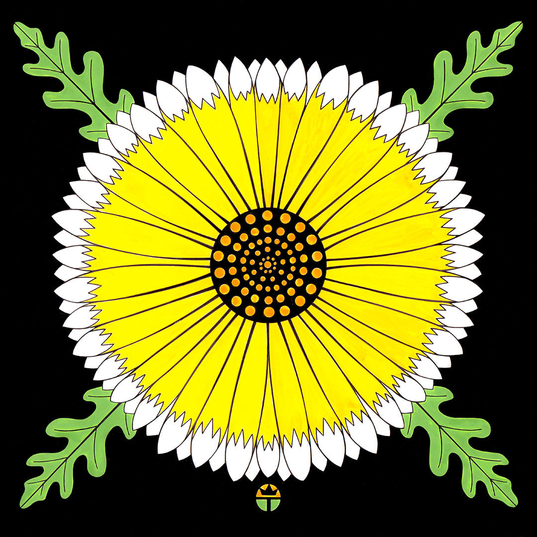 signed print of tidy tip blossom. yellow petals that are white on the tips, green leaves