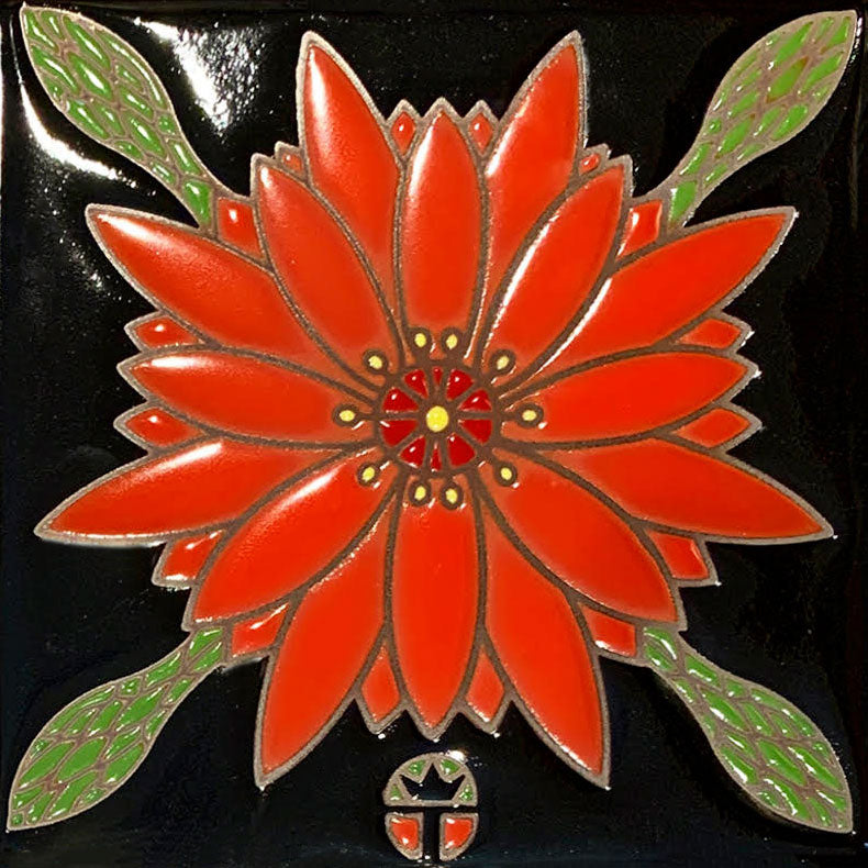 6 x 6 inch ceramic tile of red cerrus blossom on black background