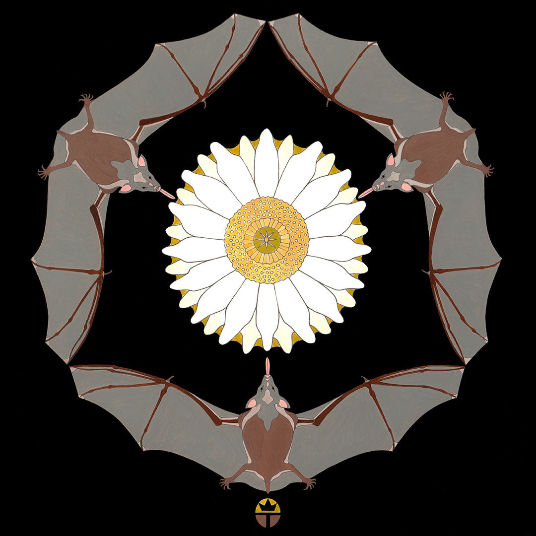 three bats around a cactus blossom mandala by wil taylor