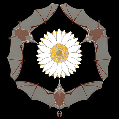 three bats around a cactus blossom mandala by wil taylor