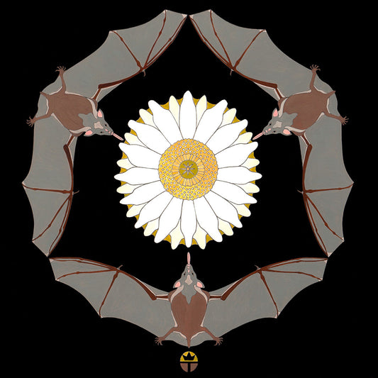three bats around a cactus blossom mandala by wil taylor