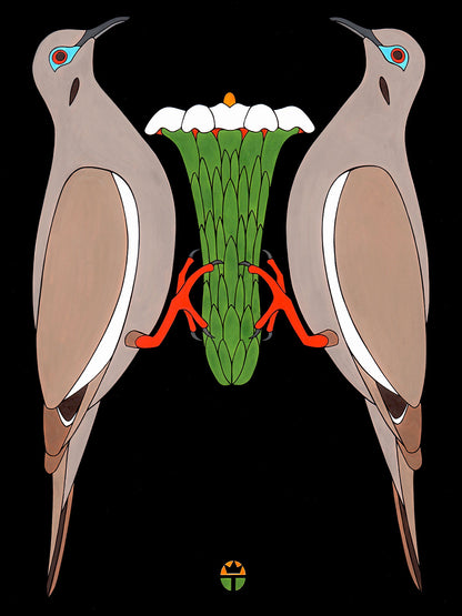two birds with saguaro cactus blossom