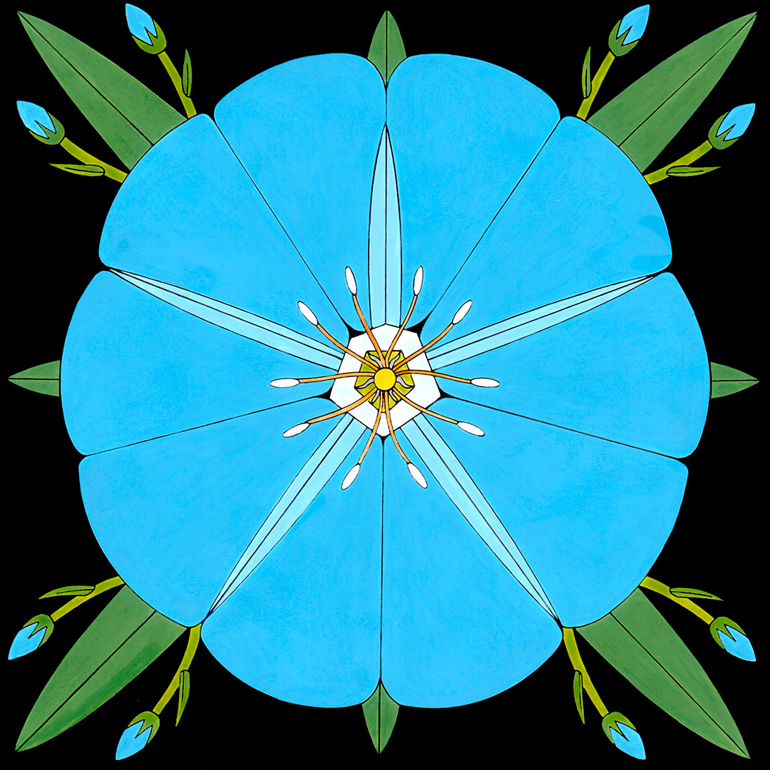 mandala flower painting of blue flower with green leaves by tucson artist wil taylor. signed print.