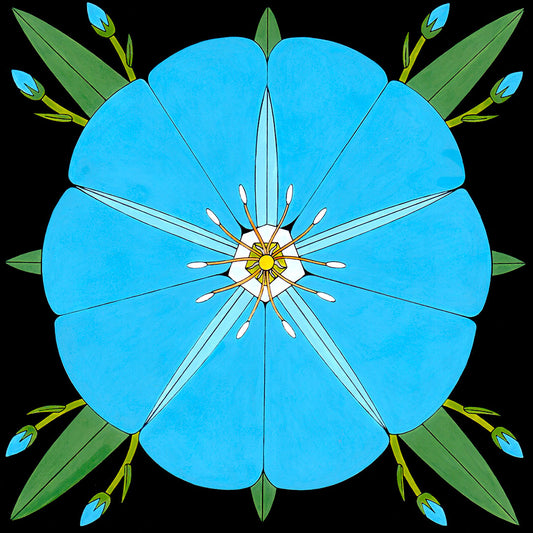 mandala flower painting of blue flower with green leaves by tucson artist wil taylor. signed print.