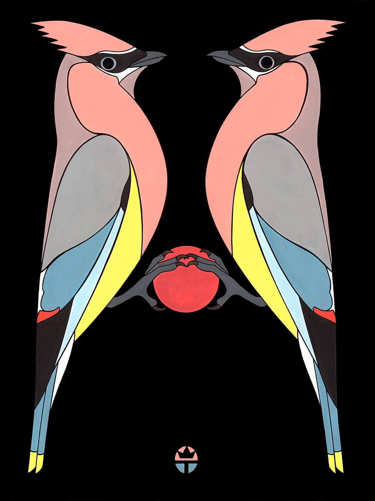 print of cedar waxwing birds facing each other holding red orb. by wil taylor