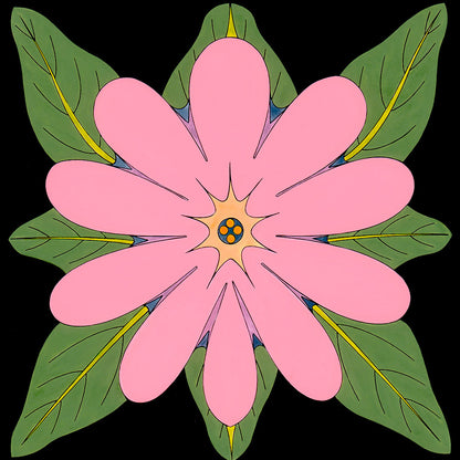 print of desert verbena. pink flower, green leaves, black background, by wil taylor