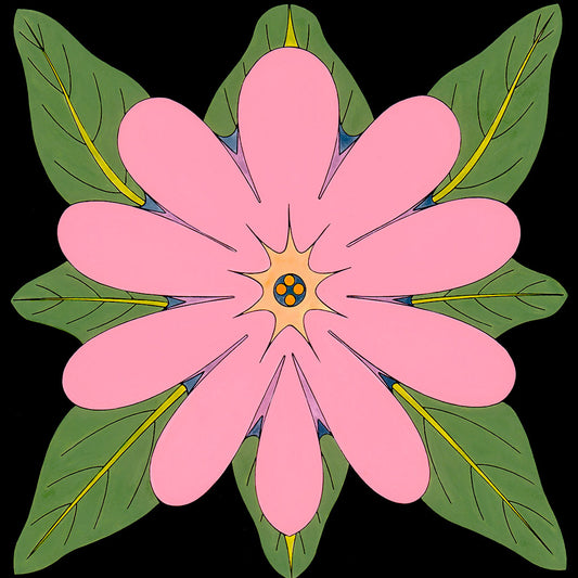 print of desert verbena. pink flower, green leaves, black background, by wil taylor