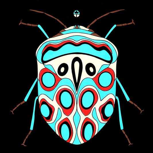 Painting of a harlequin bug. Bright aqua and red pattern. Painted by Tucson artist Wil Taylor.