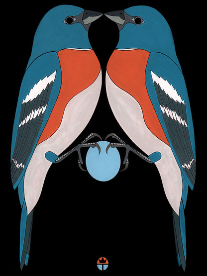 lazuli bunting birds facing each other holding light blue egg by wil taylor
