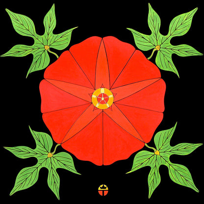 morning glory flower in mandala style art print. by wil taylor. 12 inches x 12 inches. red flower with green leaves