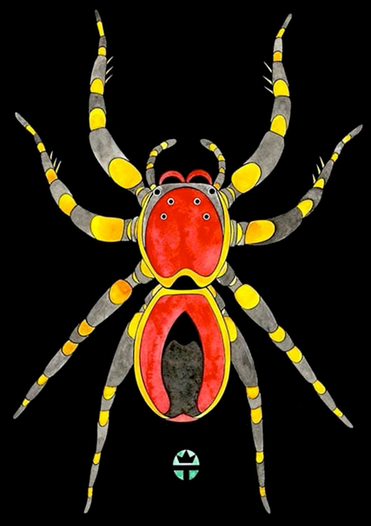 grey spider with yellow spots and red body on black background. art by wil taylor