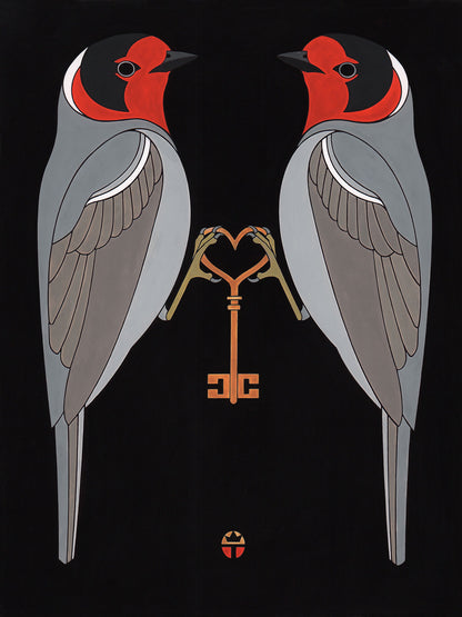 two red faced warbler birds facing each other holding a key. original painting and print by wil taylor