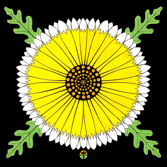 signed print of tidy tip blossom. yellow petals that are white on the tips, green leaves